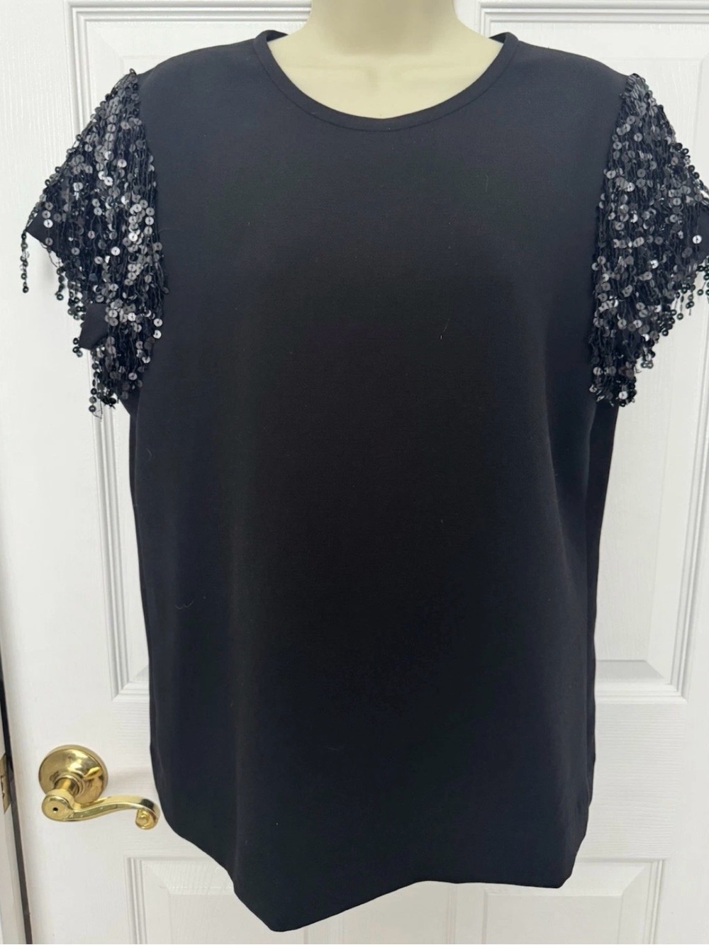 KATE SPADE New York Women's Black Sequin Crepe Fringe Tee Size 10